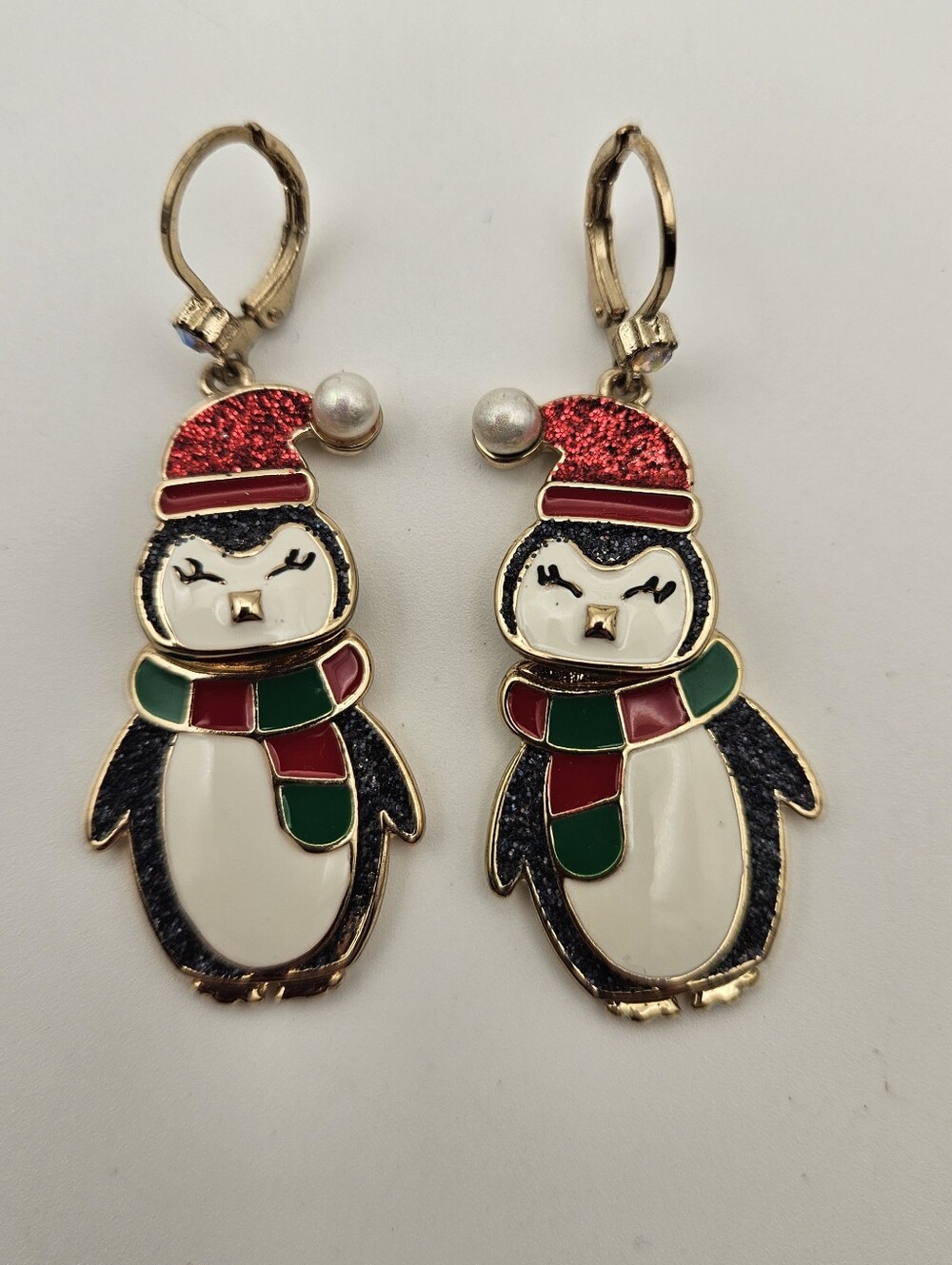 Betsey Johnson Christmas Penguin Earrings Enamel Glitter Santa Hat Pearl Drop BJ